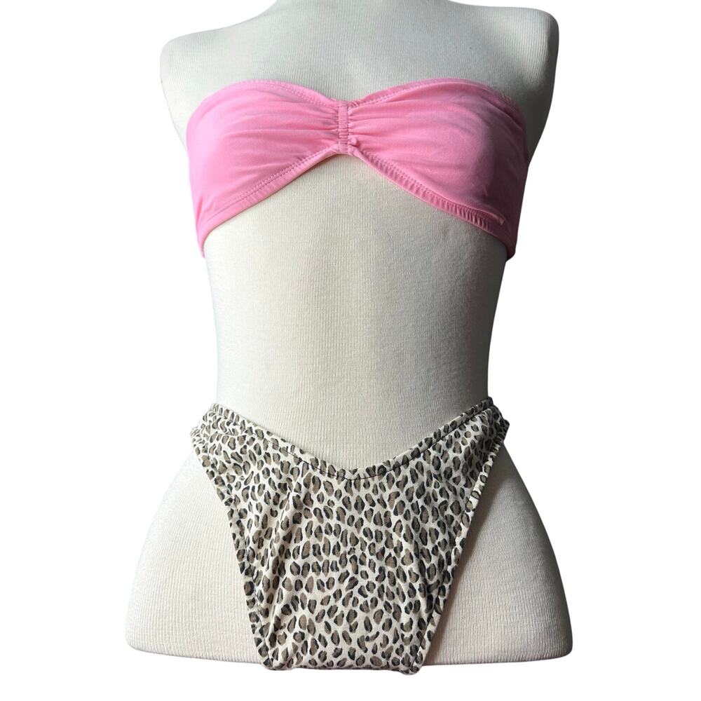Vintage 80s/90s Bandeau Bikini Swim Suit pink cheetah thigh high 
Womens SZ s/m